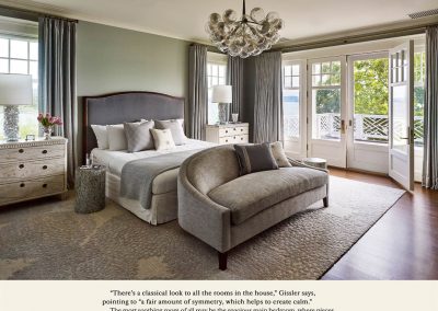 “There’s a classical look to all the rooms in the house,” Gissler says, pointing to “a fair amount of symmetry, which helps to create calm.” The most soothing room of all may be the spacious main bedroom, where pieces with gentle shapes are covered in low-contrast fabrics. The lamps, though, are attention getting, made from rock-crystal nuggets held together with chicken wire. The GUSTAVIAN CHESTS are from SCANDINAVIAN ANTIQUES, the Supra Bubble chandelier from PELLE LIGHTING. Playing off the rug’s suggestion of rippling water and the glistening of the chandelier and lamps, the LEWIS MITTMAN sofa sets a quiet, comforting tone.