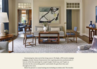 Dominating the other end of the living room is The Studio, a 1952 work by YVONNE THOMAS, a female Abstract Expressionist who is gaining attention posthumously. It was one of the first paintings the couple bought, Gissler says, and “it gave us direction for the surrounding palette,” particularly the gray blues they used throughout the room. Below the picture is a casual seating area including an armless sofa. The wooden chairs and coffee table are French; Gissler likes the shape of their legs, which he describes as at ease rather than at attention. He also likes the fact that the pieces’ ages are hard to pin down — which are vintage and which newly made?