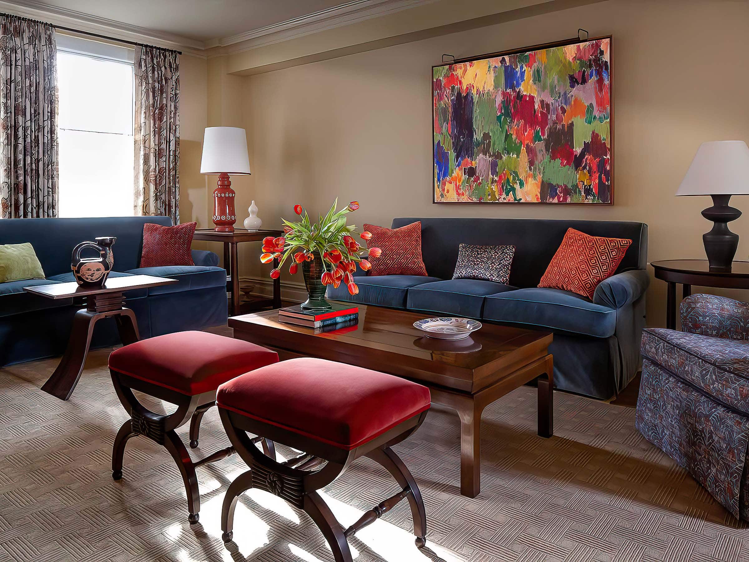 A vibrant canvas by the late American abstract impressionist painter John Opper (1908-1994) takes pride of place in the apartment’s gracious living room. Two deep-seated sofas are upholstered in lush blue velvet, with a pair of club chairs covered in a Zak & Fox textile and two Regency-style benches covered in paprika-hued velvet. The curtains were tailored from a Cowtan & Tout floral fabric.